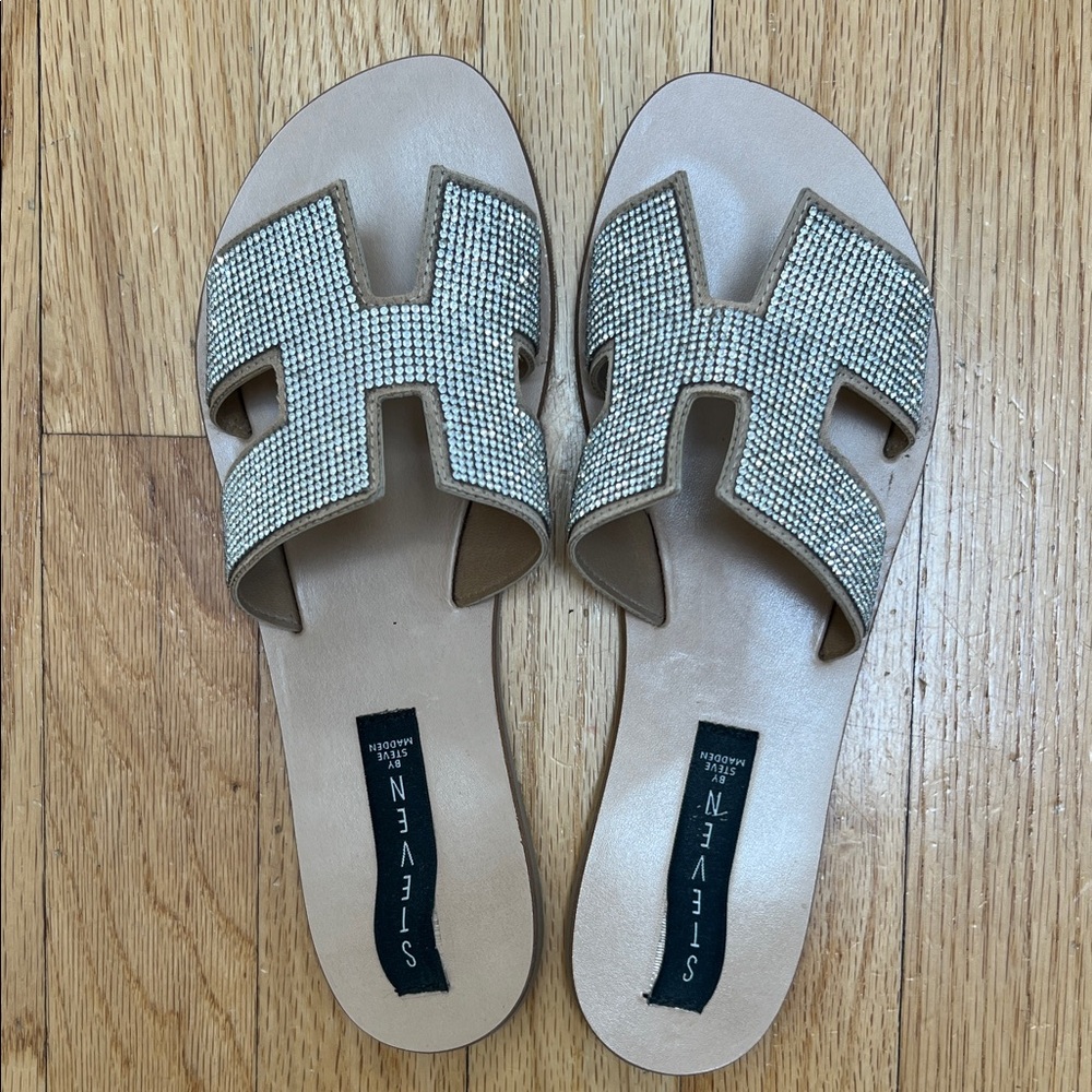 Steven by Steve Madden Tan Crystal-Embellished Slide Sandals